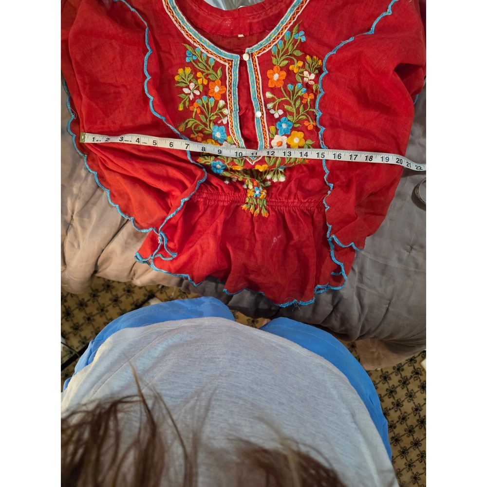 Vintage Red Floral Embroidered Peasant Blouse Boho Scalloped Butterfly Sleeve - Picture 6 of 6